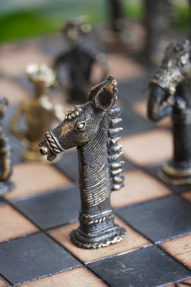 Tribal Chess Set — Dhokra Brass & Pyrography Wood