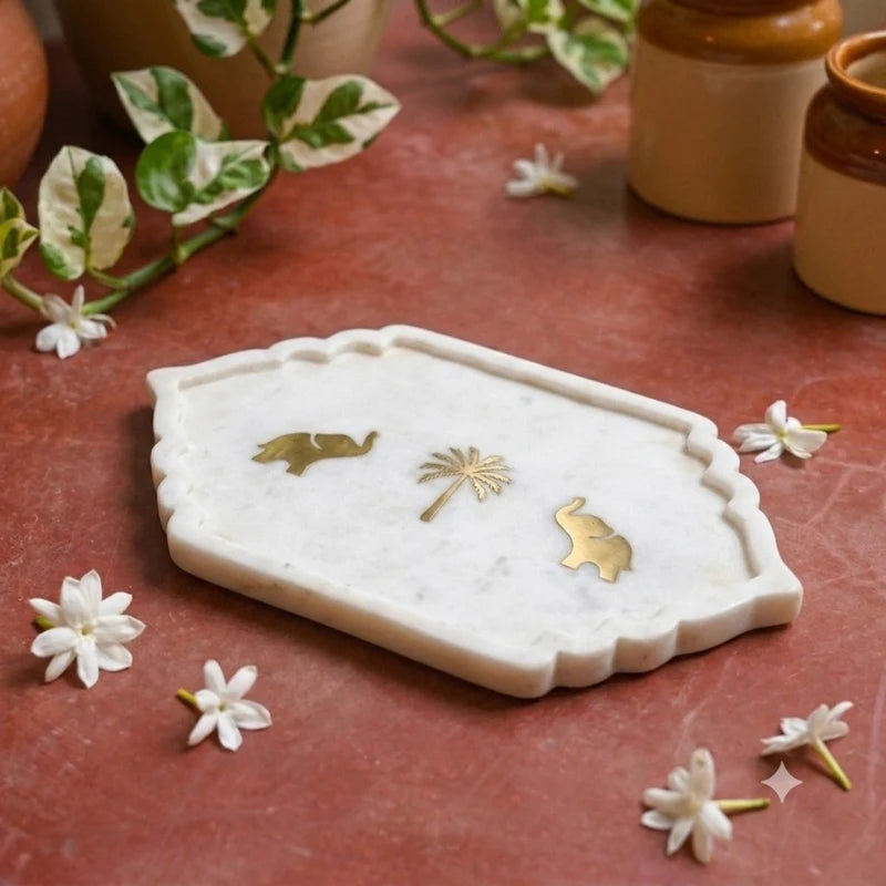 Marble Platter with Palm tree & Elephant Inlay