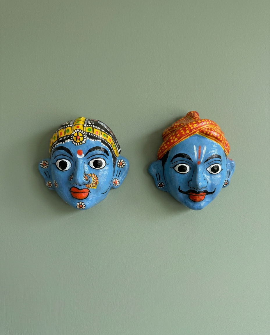 Cheriyal Mukhauta — Hand-Painted Wall Bust Pair (Medium)