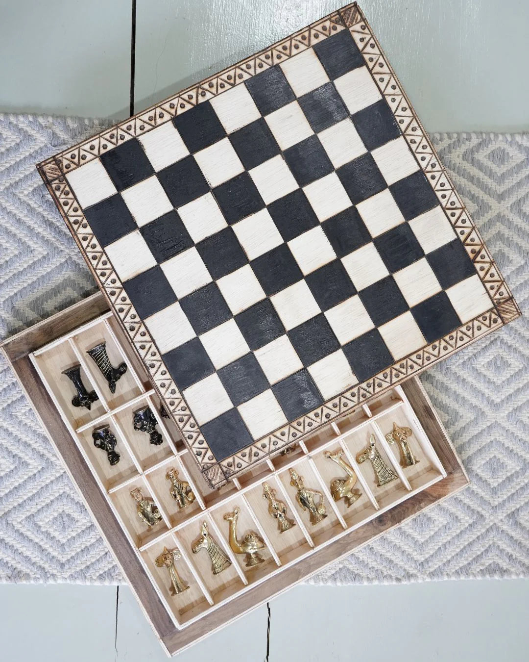 Tribal Chess Set — Dhokra Brass & Pyrography Wood