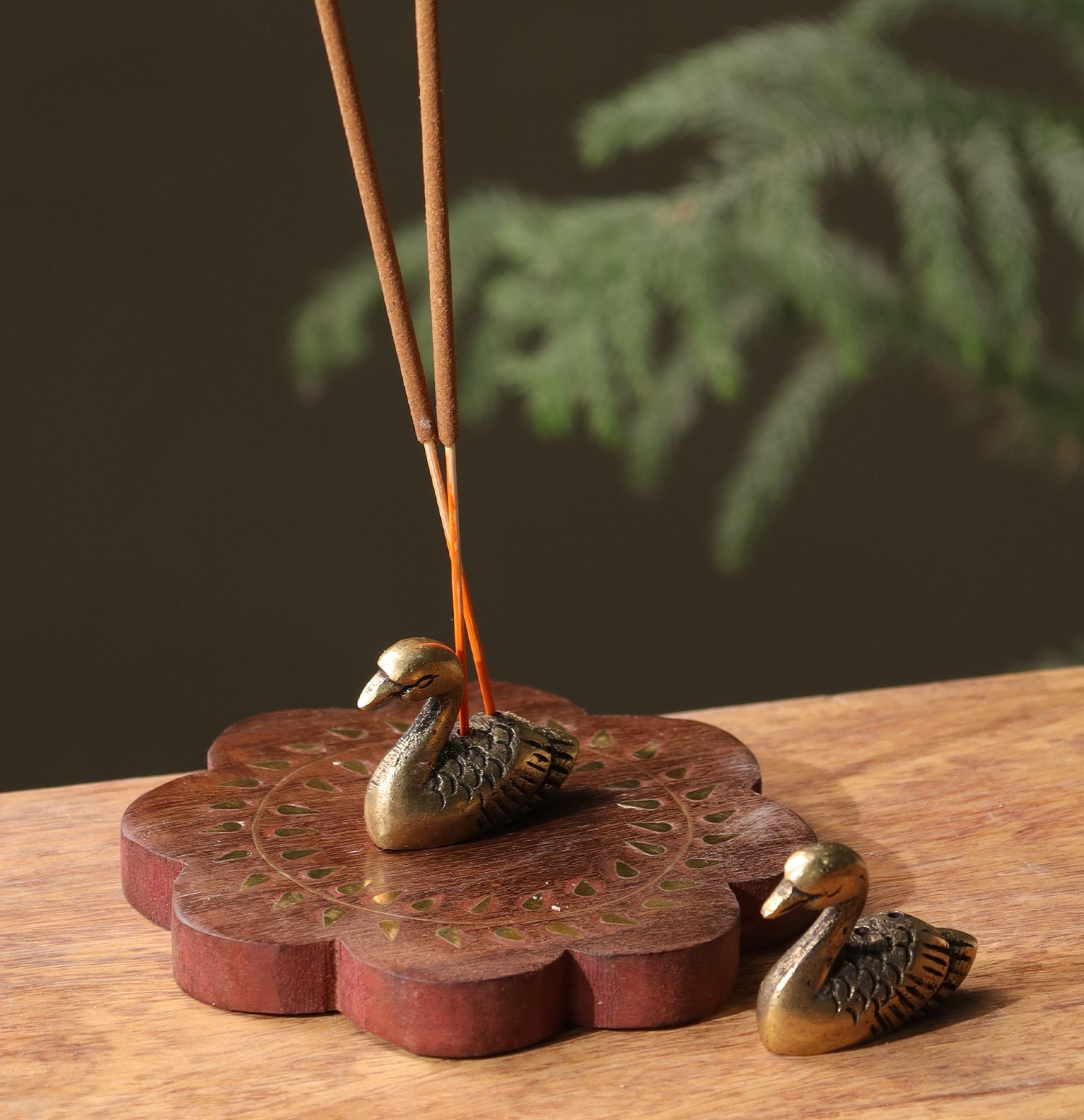 Swan Brass & Wood Incense Holder