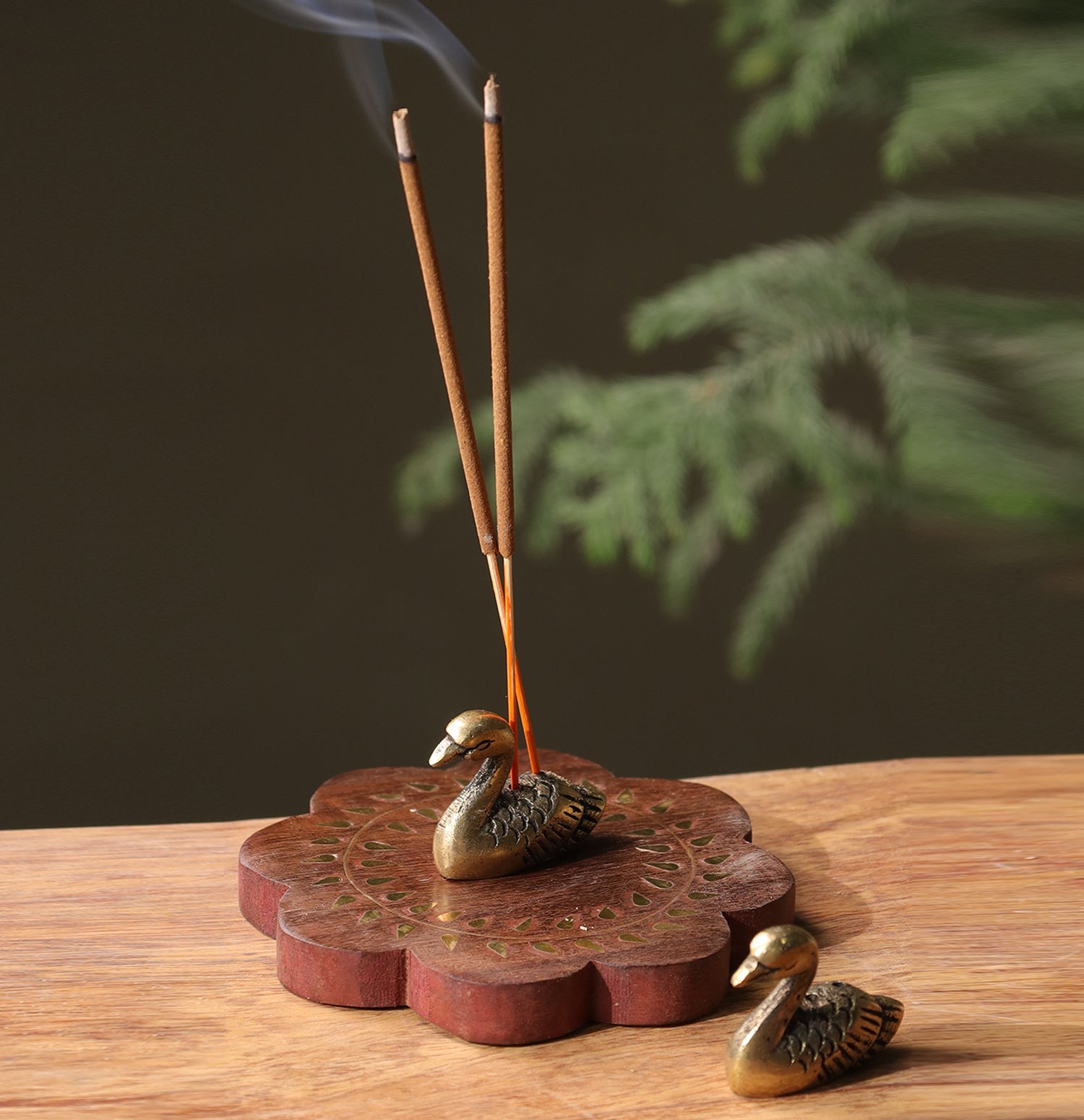 Swan Brass & Wood Incense Holder