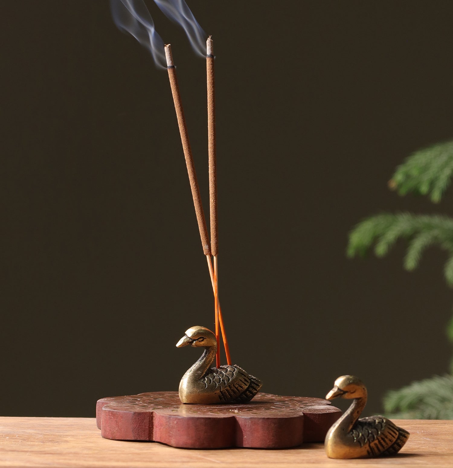 Swan Brass & Wood Incense Holder