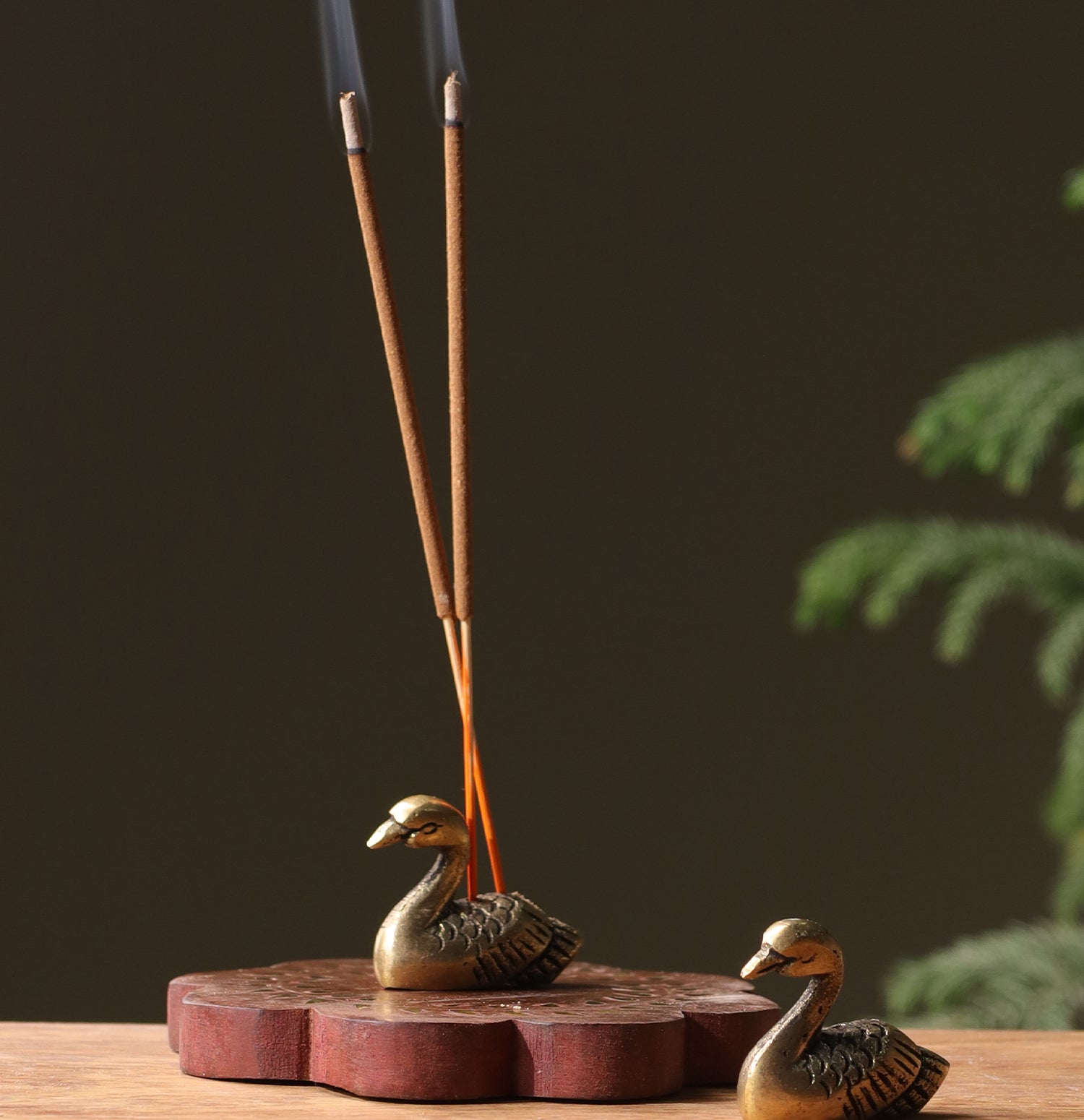Swan Brass & Wood Incense Holder