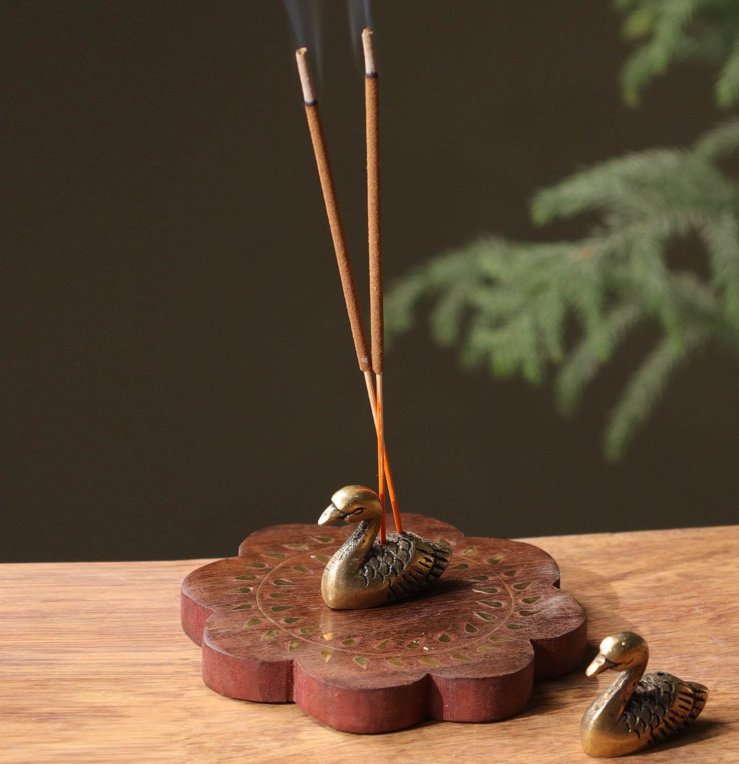 Swan Brass & Wood Incense Holder