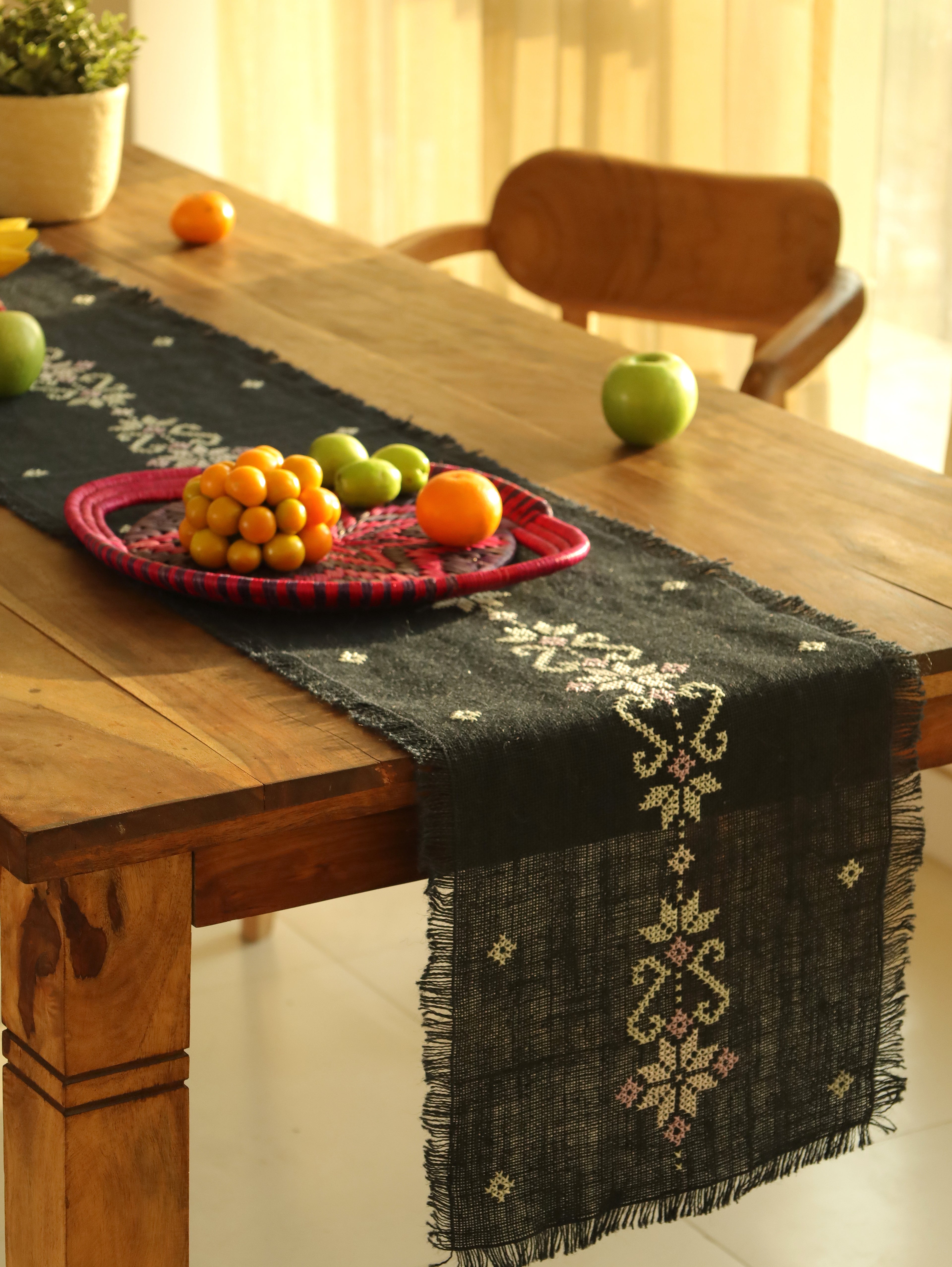 Midnight Bloom Handwoven Table Runner