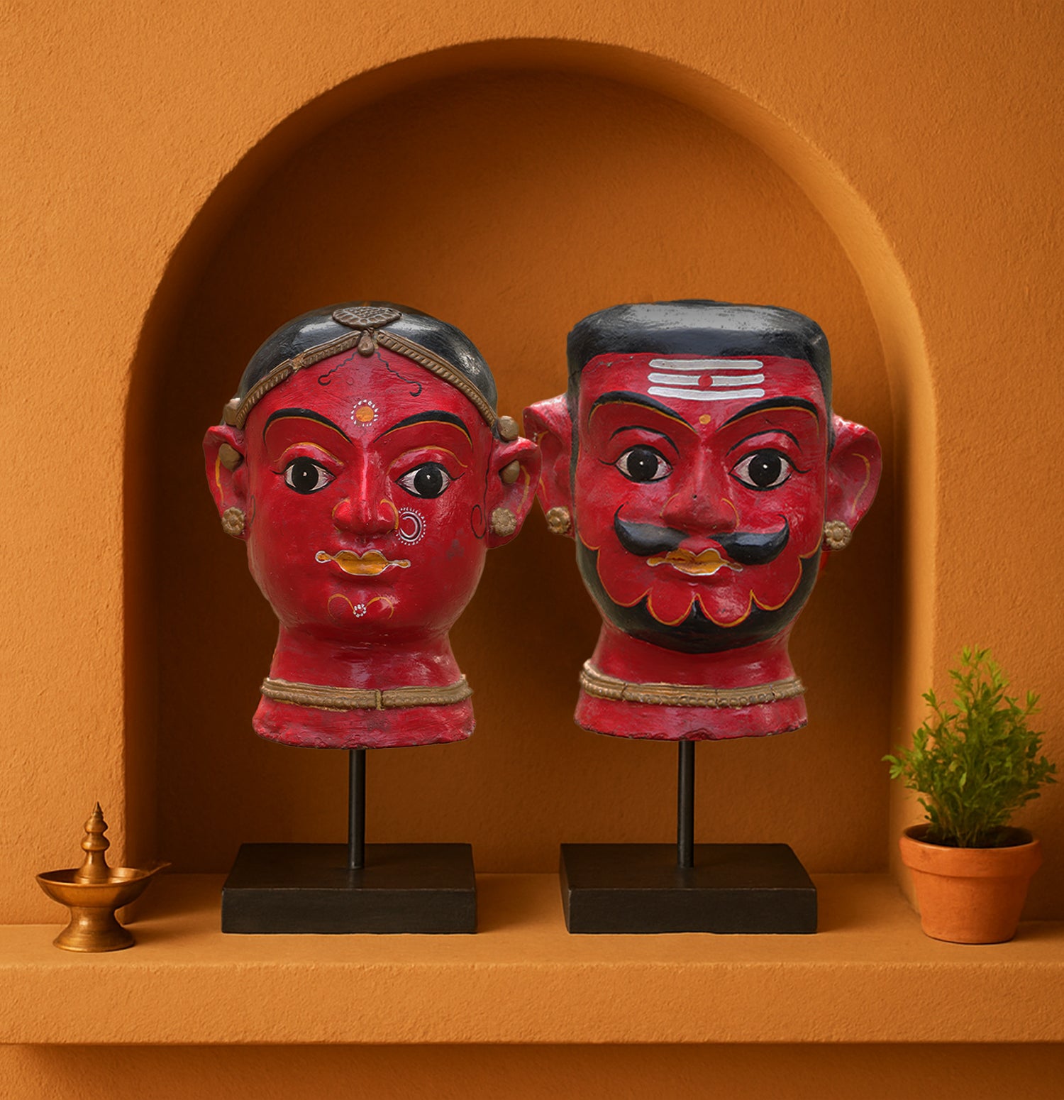 Mystic Wooden Face Busts - Set of 2 with Base Stand