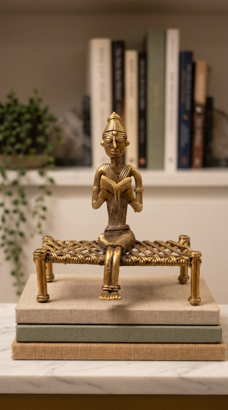 Dhokra Lady Reading on Charpai