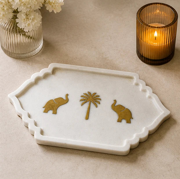 Marble Platter with Palm tree & Elephant Inlay