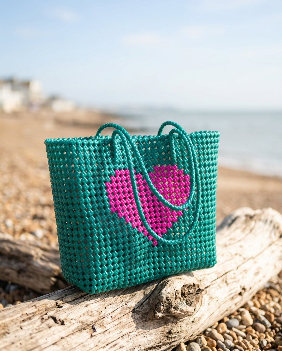 The Koodai Tote — Teal with Pink Heart