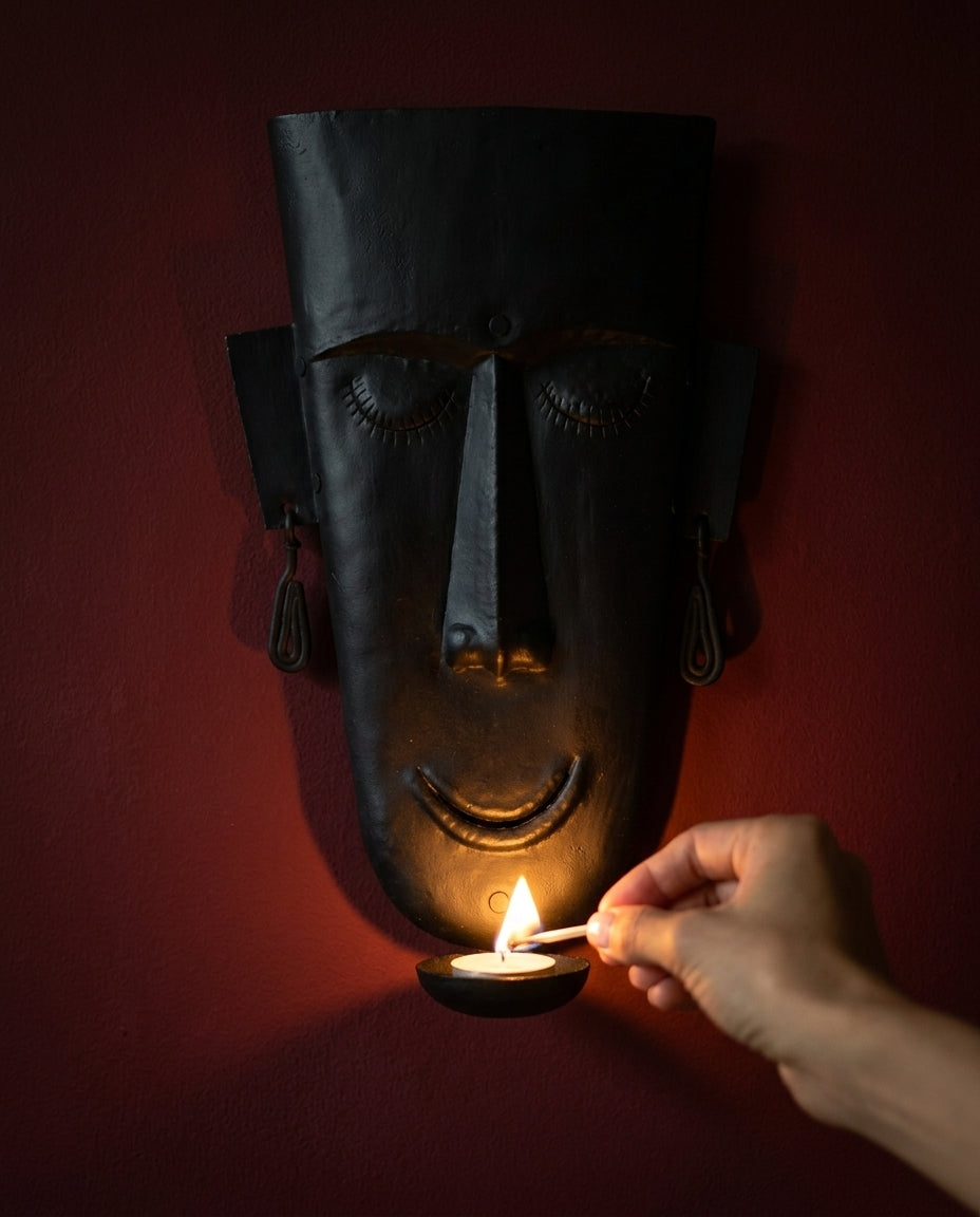 Wrought Iron Mask with Tea Light Holder