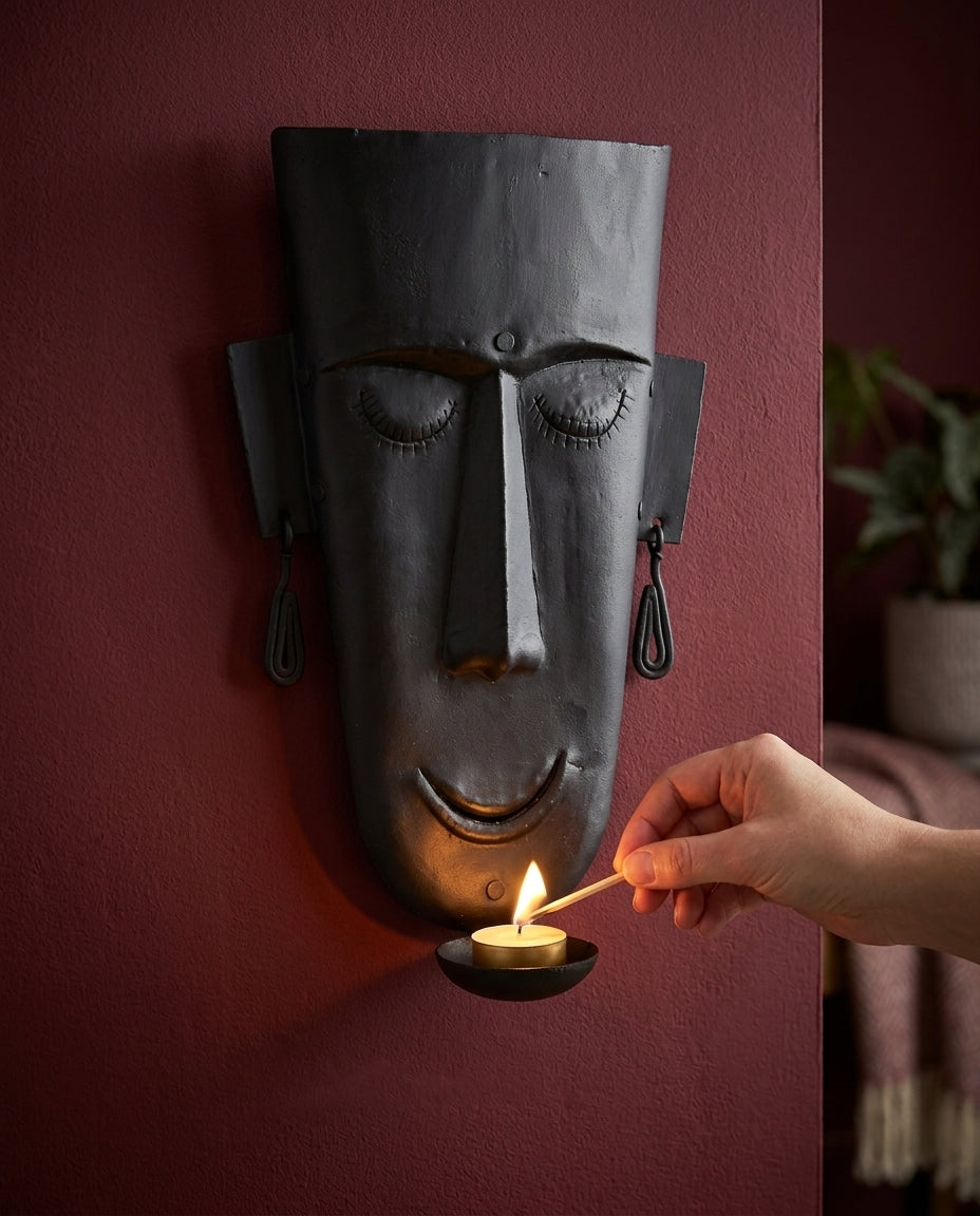 Wrought Iron Mask with Tea Light Holder