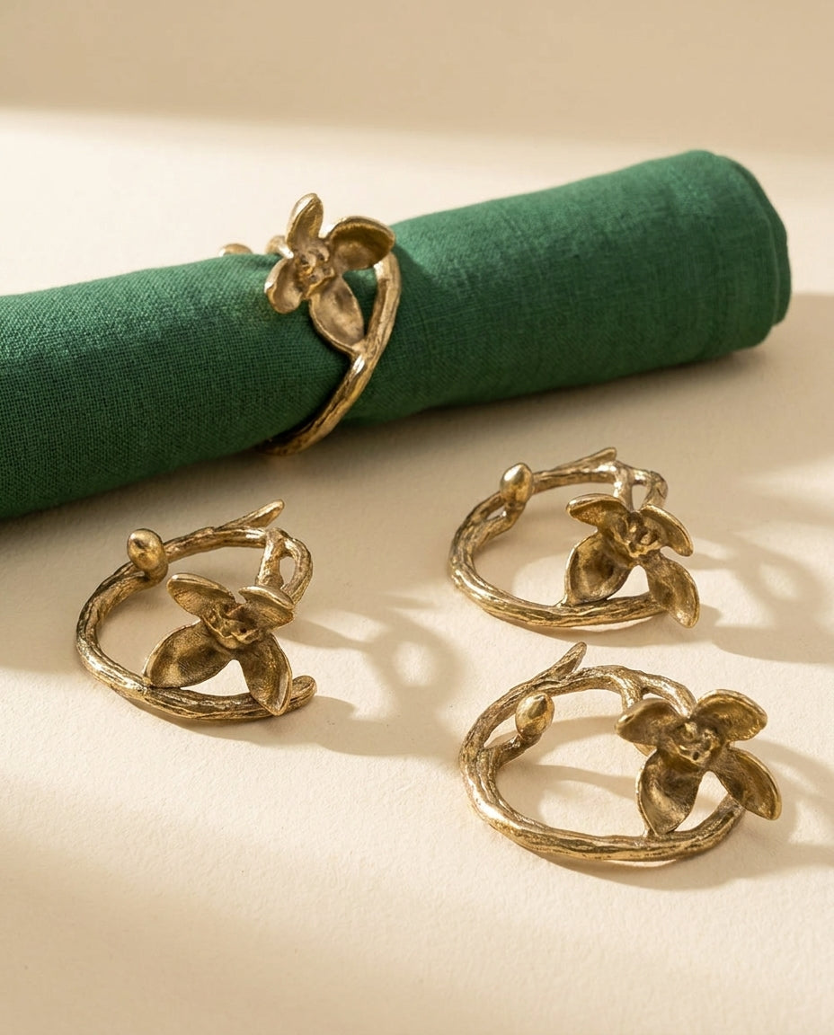 Brass Flower & Bud Napkin Rings, Set of 4