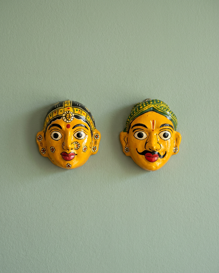 Cheriyal Mukhauta — Yellow Hand-Painted Wall Bust Pair (Medium)