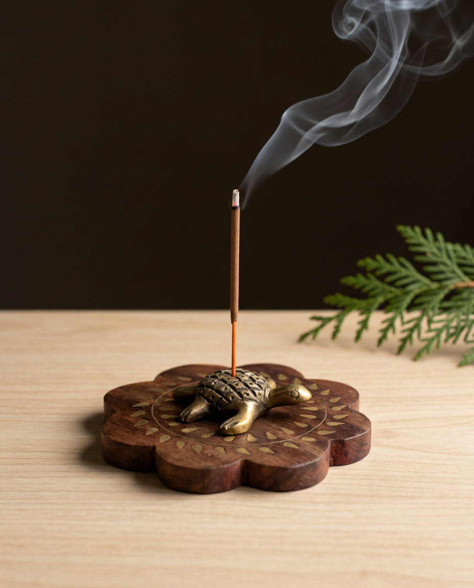 Turtle Brass & Wood Incense Holder
