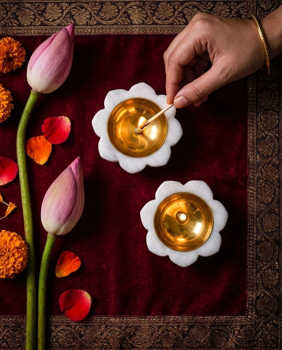 Marble Lotus Diya, Set of 2