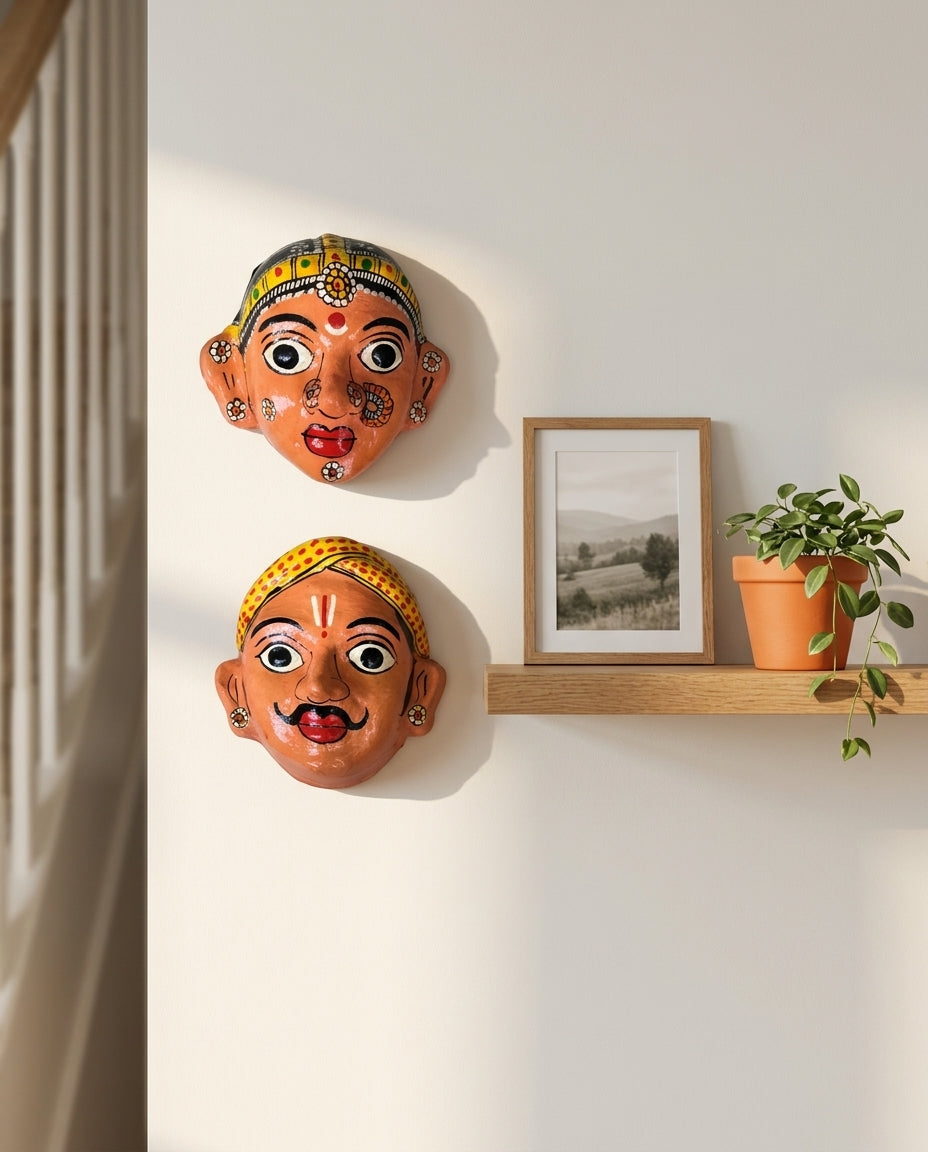 Cheriyal Mukhauta — Peach Hand-Painted Wall Bust Pair