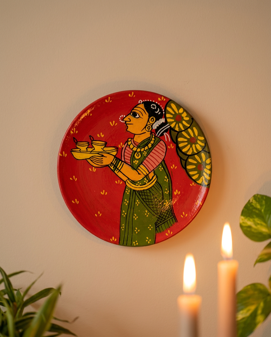 Cheriyal Wall Plate – The Diya Bearer in Green (Small)
