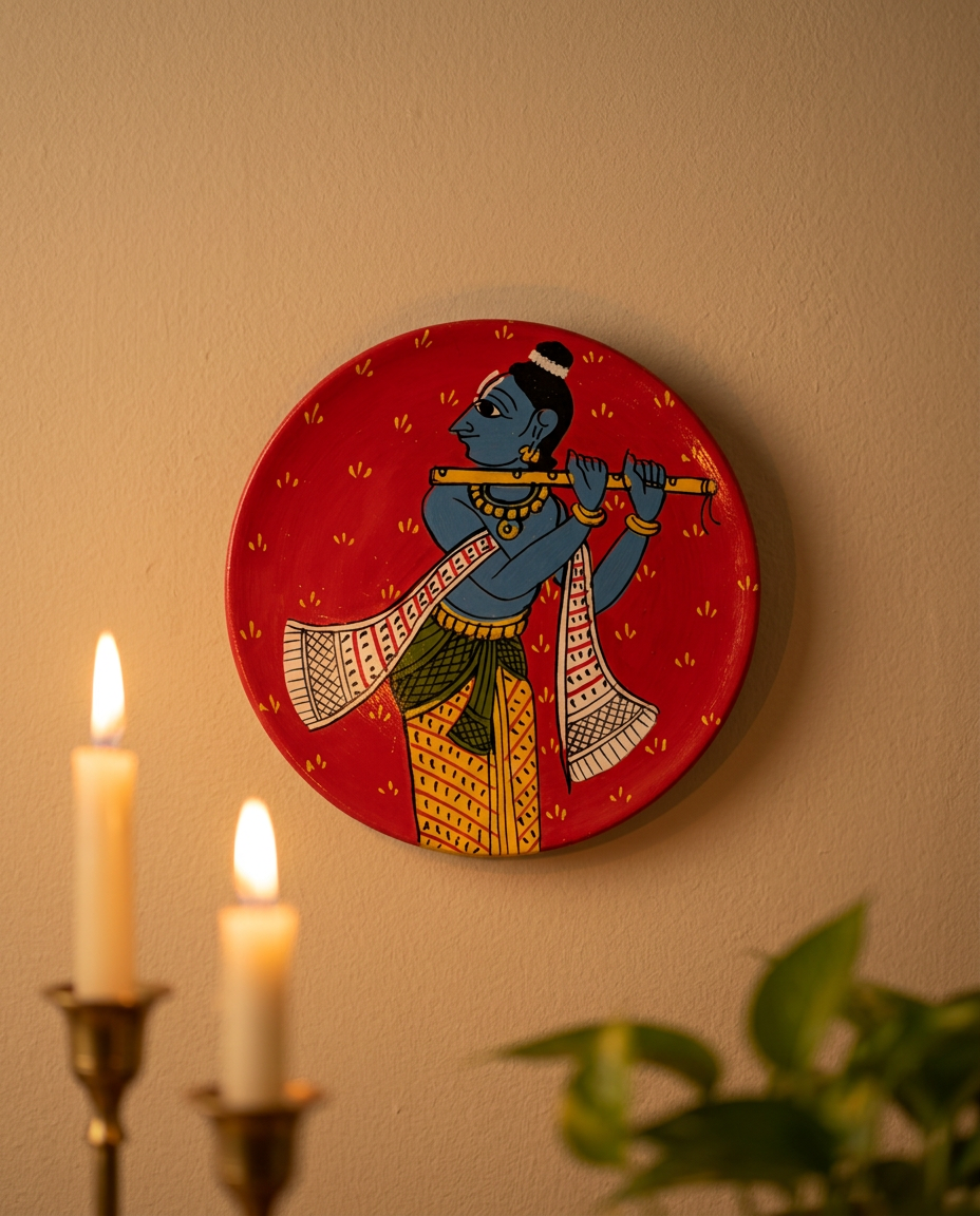 Cheriyal Wall Plate – Krishna with the Flute (Small)