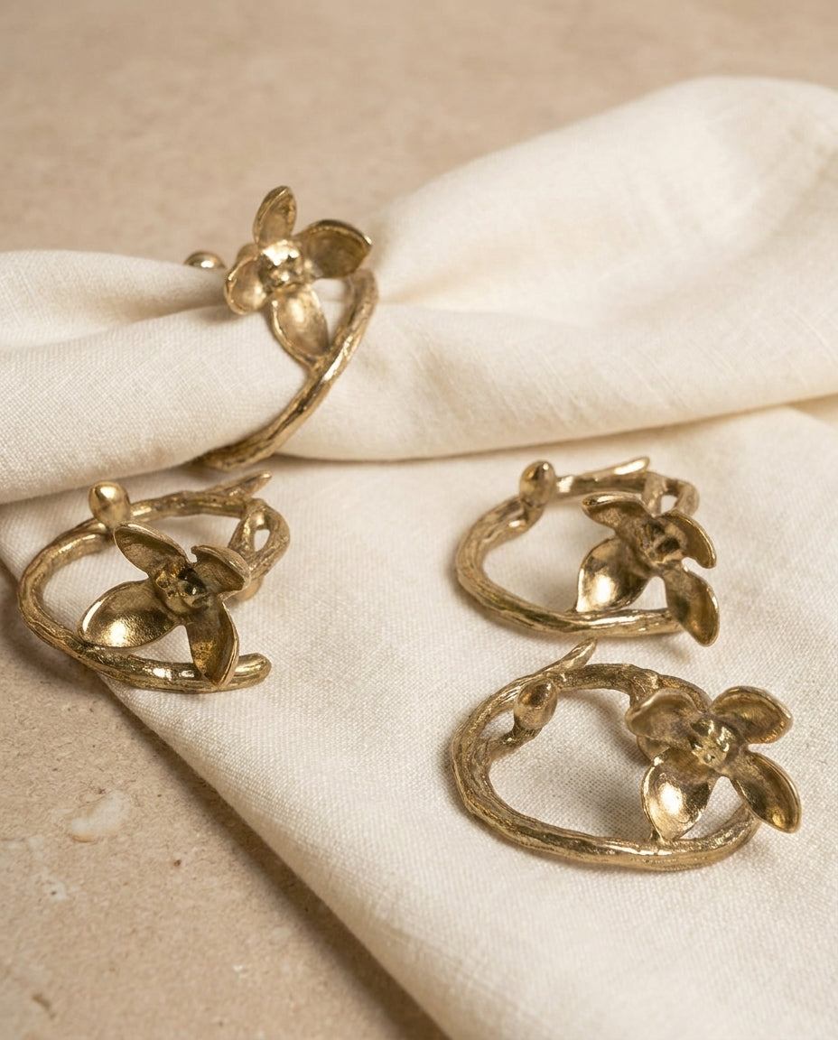 Brass Flower & Bud Napkin Rings, Set of 4