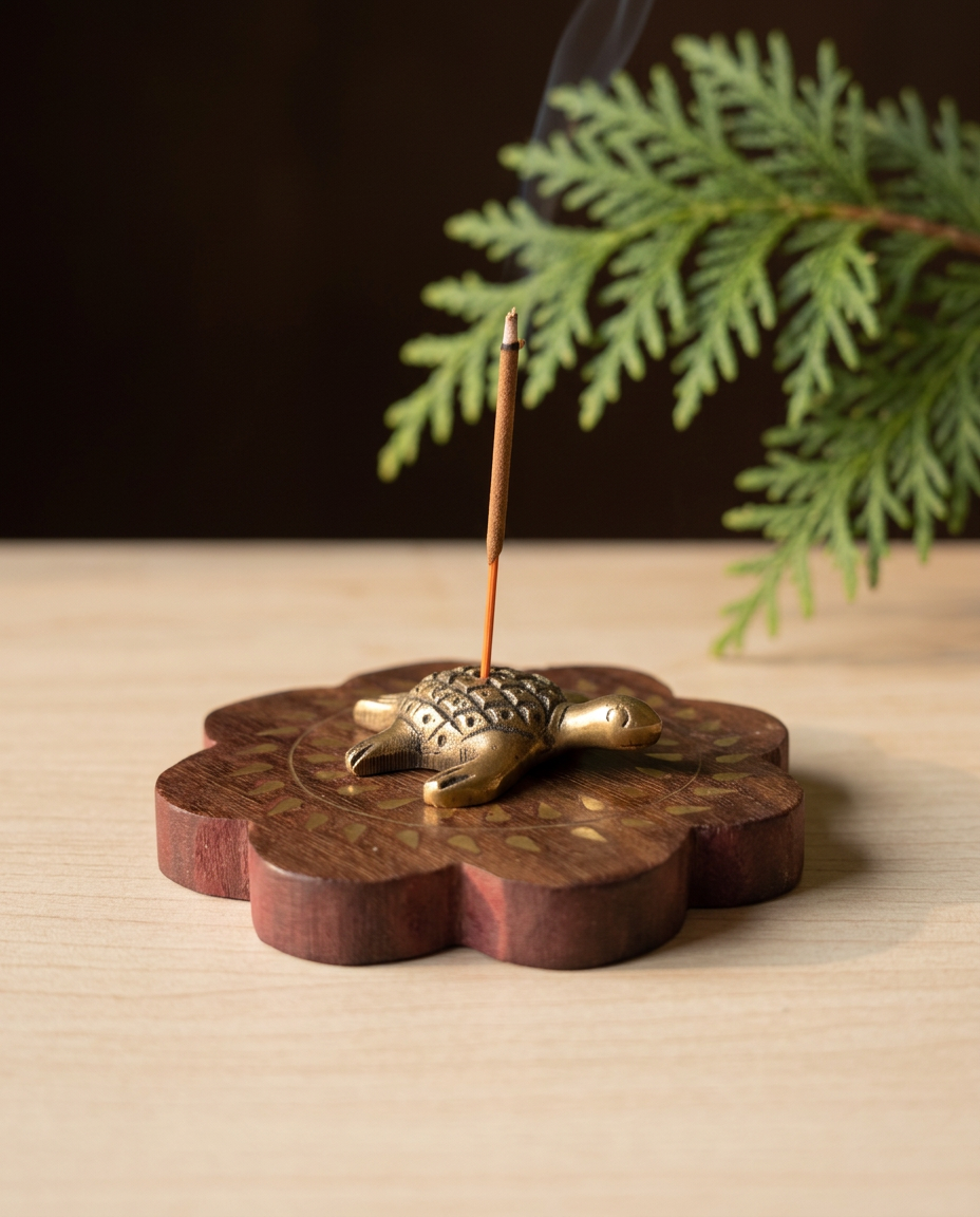 Turtle Brass & Wood Incense Holder