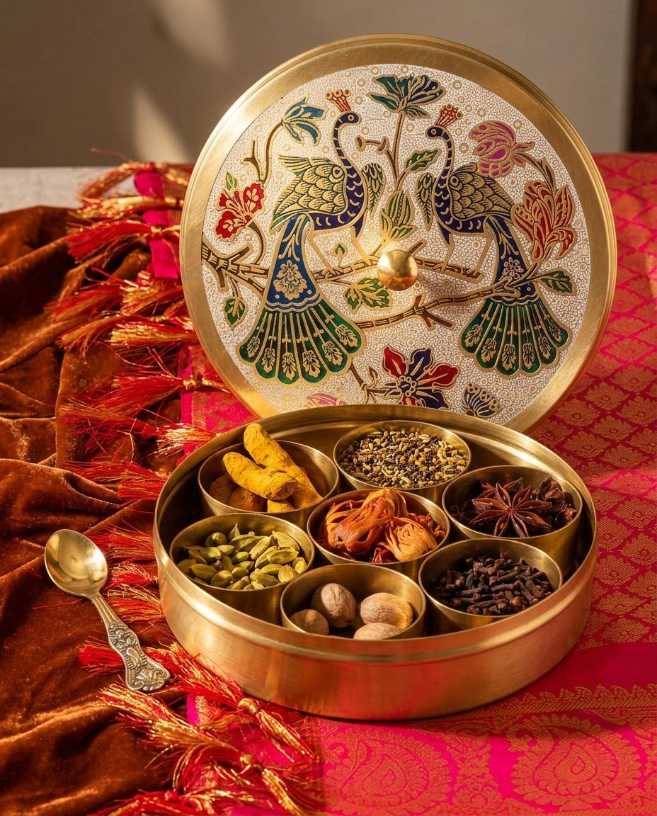Peacock Brass Spice Box with Lid & Spoon