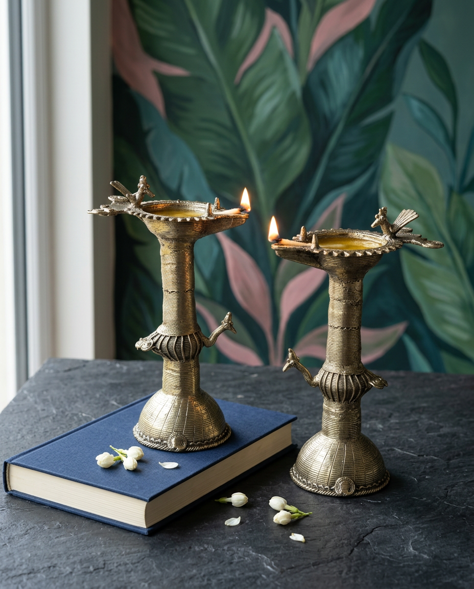 Dhokra Tall Twin-Bird Diya