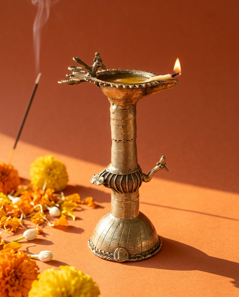 Dhokra Tall Twin-Bird Diya