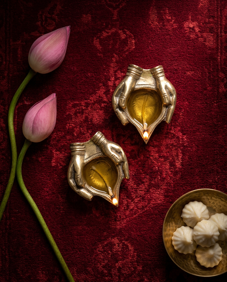 Dhokra Cupped Hands Diya - Set of 2