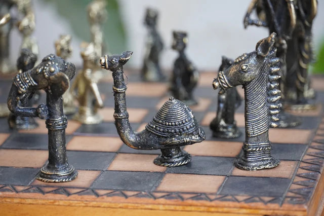 Tribal Chess Set — Dhokra Brass &amp; Pyrography Wood