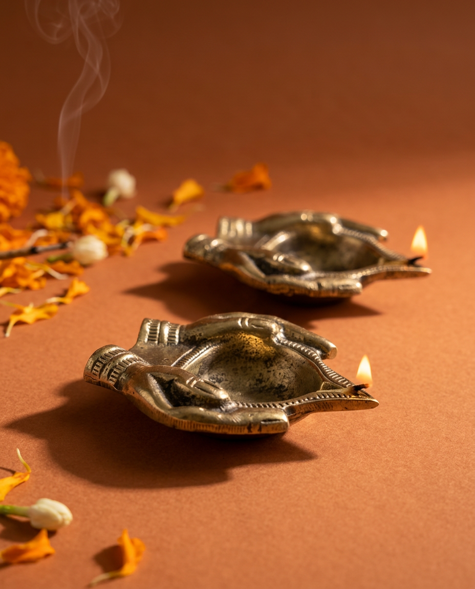 Dhokra Cupped Hands Diya - Set of 2