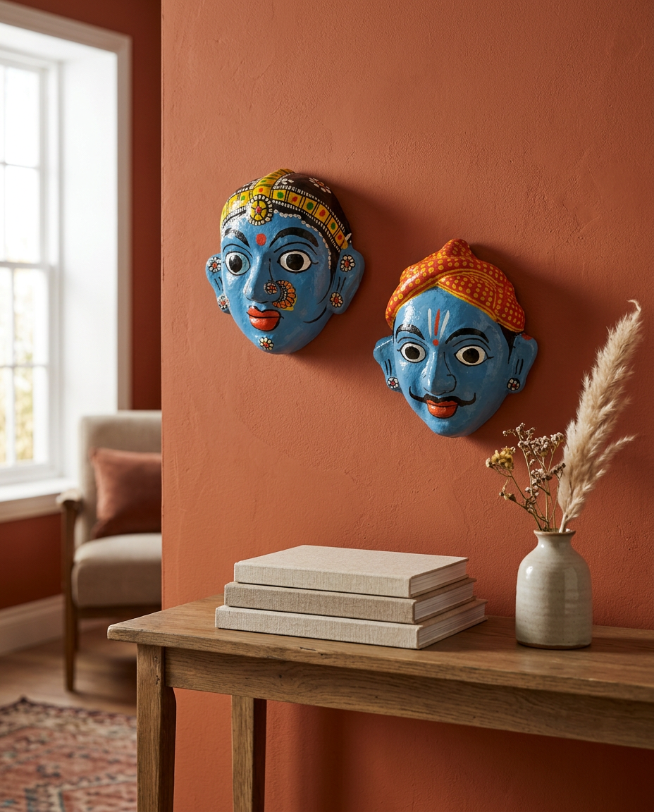 Cheriyal Mukhauta — Hand-Painted Wall Bust Pair (Medium)