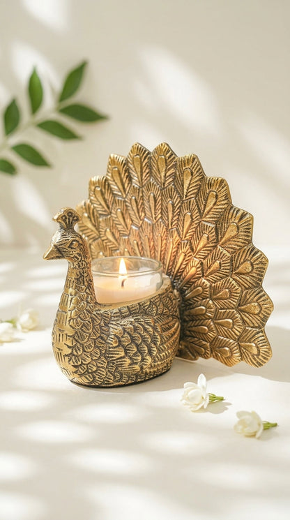 Brass Peacock Tealight Holder — Tealight Included