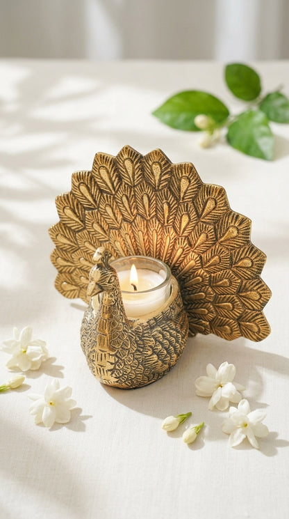 Brass Peacock Tealight Holder — Tealight Included