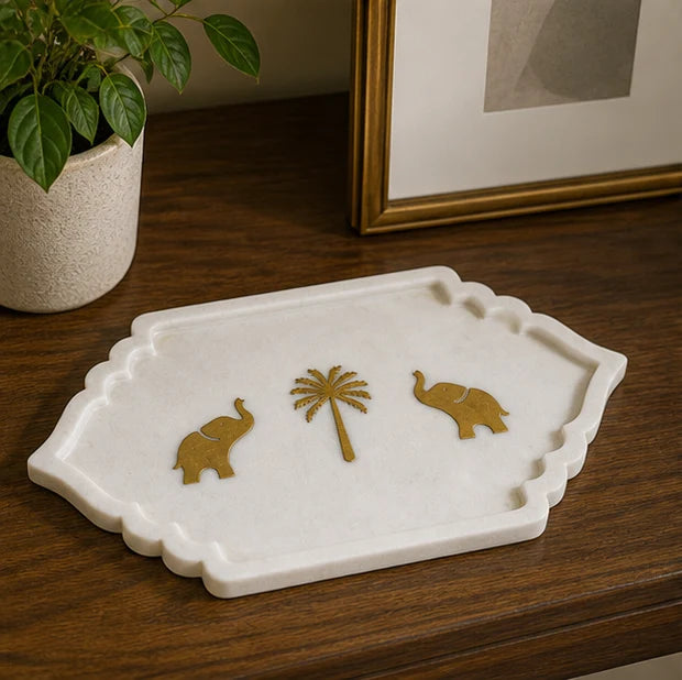 Marble Platter with Palm tree &amp; Elephant Inlay