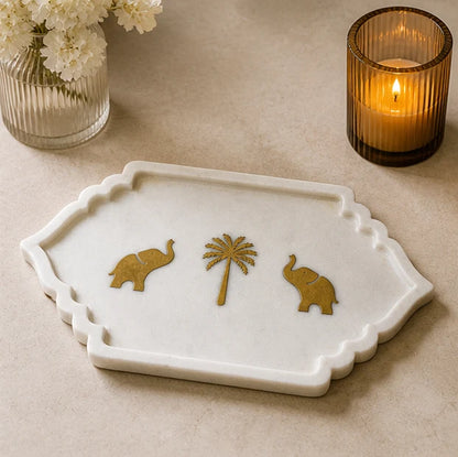 Marble Platter with Palm tree &amp; Elephant Inlay