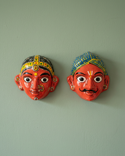 Cheriyal Mukhauta — Hand-Painted Wall Bust Pair (Medium)