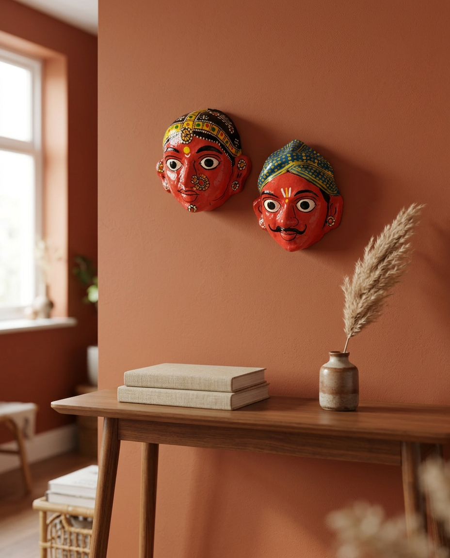 Cheriyal Mukhauta — Hand-Painted Wall Bust Pair (Medium)