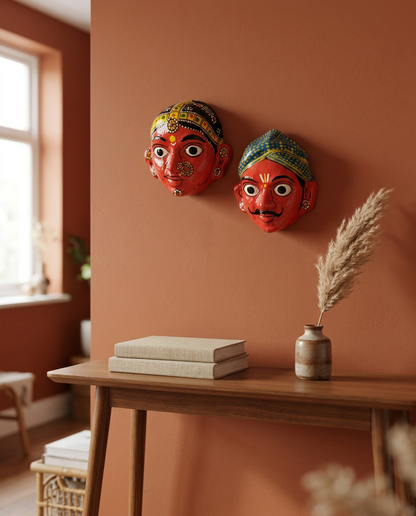 Cheriyal Mukhauta — Hand-Painted Wall Bust Pair (Medium)