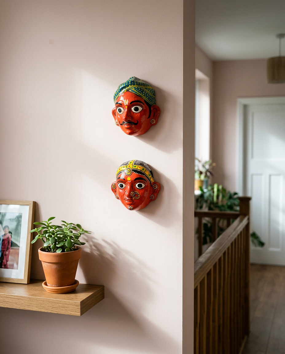 Cheriyal Mukhauta — Hand-Painted Wall Bust Pair (Medium)