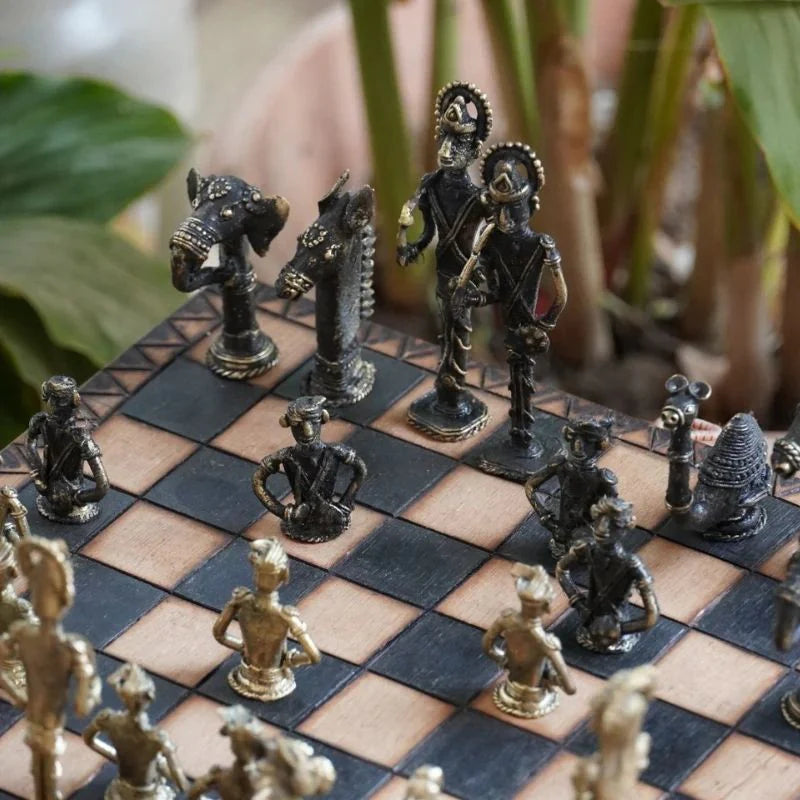 Tribal Chess Set — Dhokra Brass &amp; Pyrography Wood