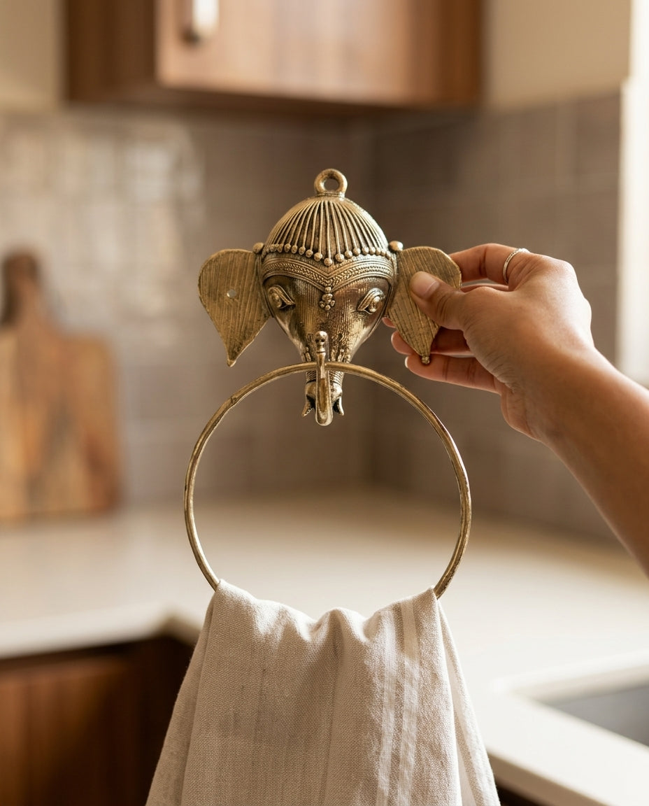 Dhokra Elephant Head Towel Ring