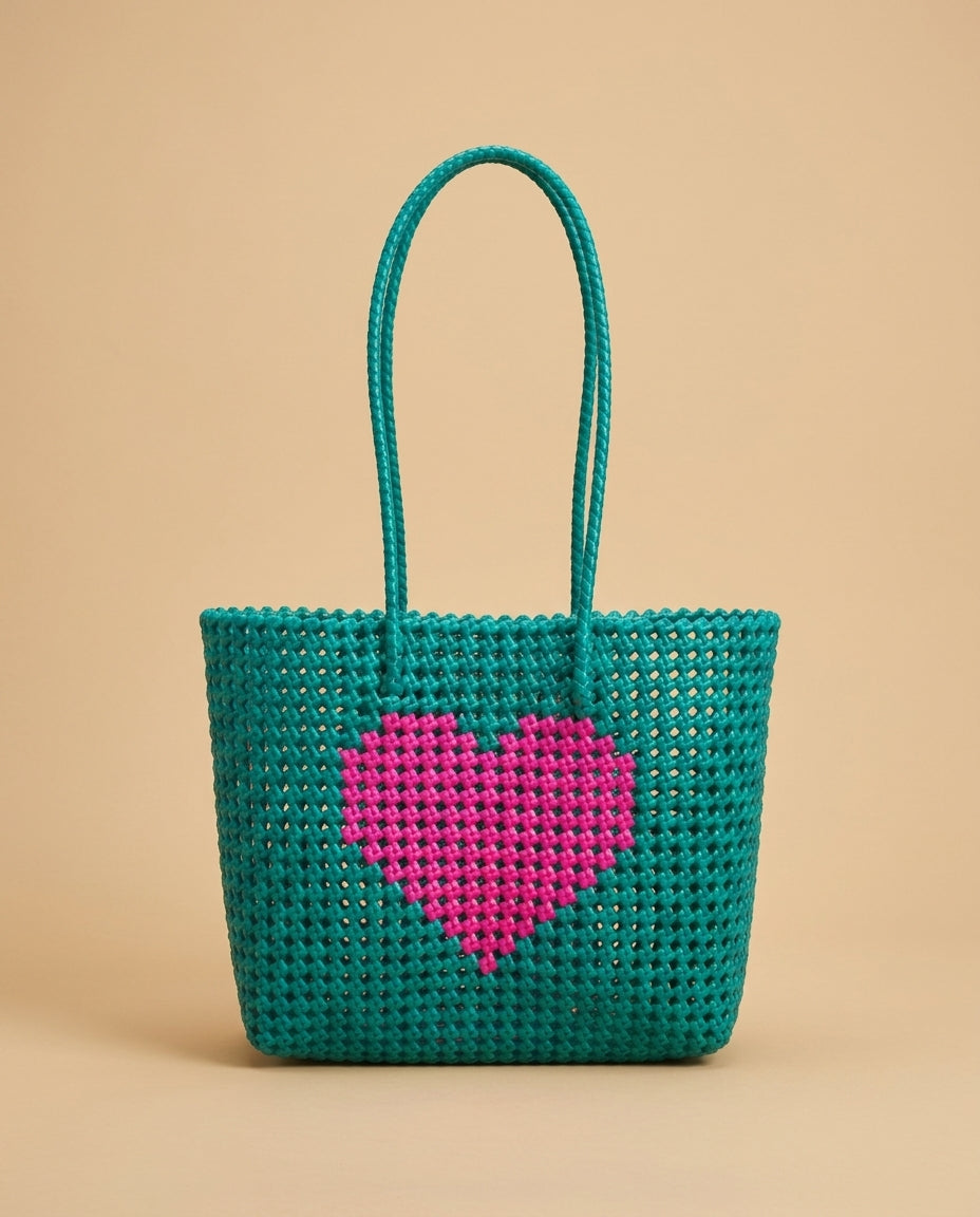 The Koodai Tote — Teal with Pink Heart