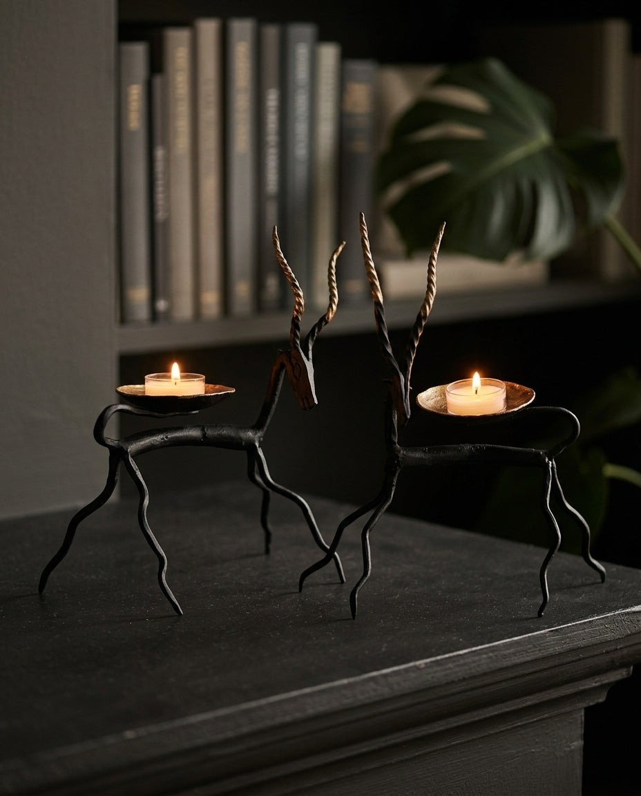 Wrought Iron Antelope Tealight Holder – Spiral Horn (Set of 2)