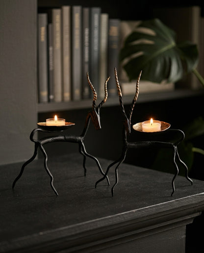 Wrought Iron Antelope Tealight Holder – Spiral Horn (Set of 2)