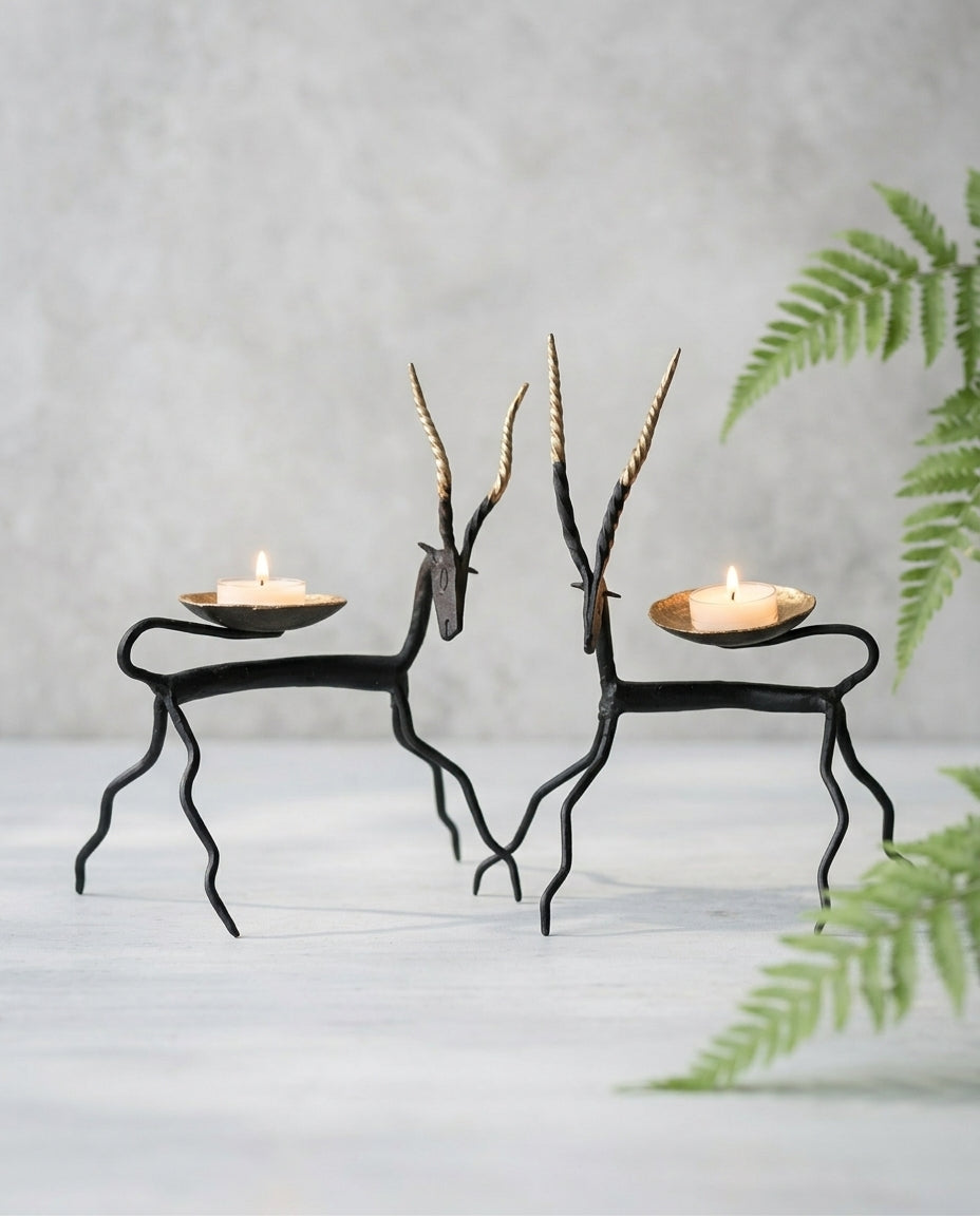 Wrought Iron Antelope Tealight Holder – Spiral Horn (Set of 2)
