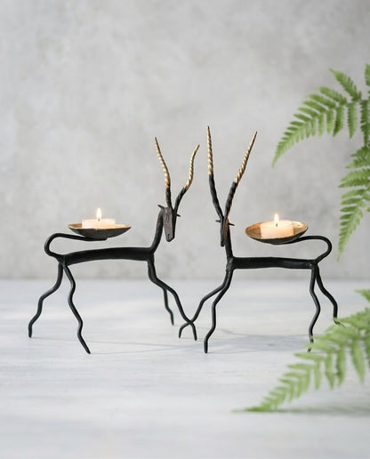 Wrought Iron Antelope Tealight Holder – Spiral Horn (Set of 2)