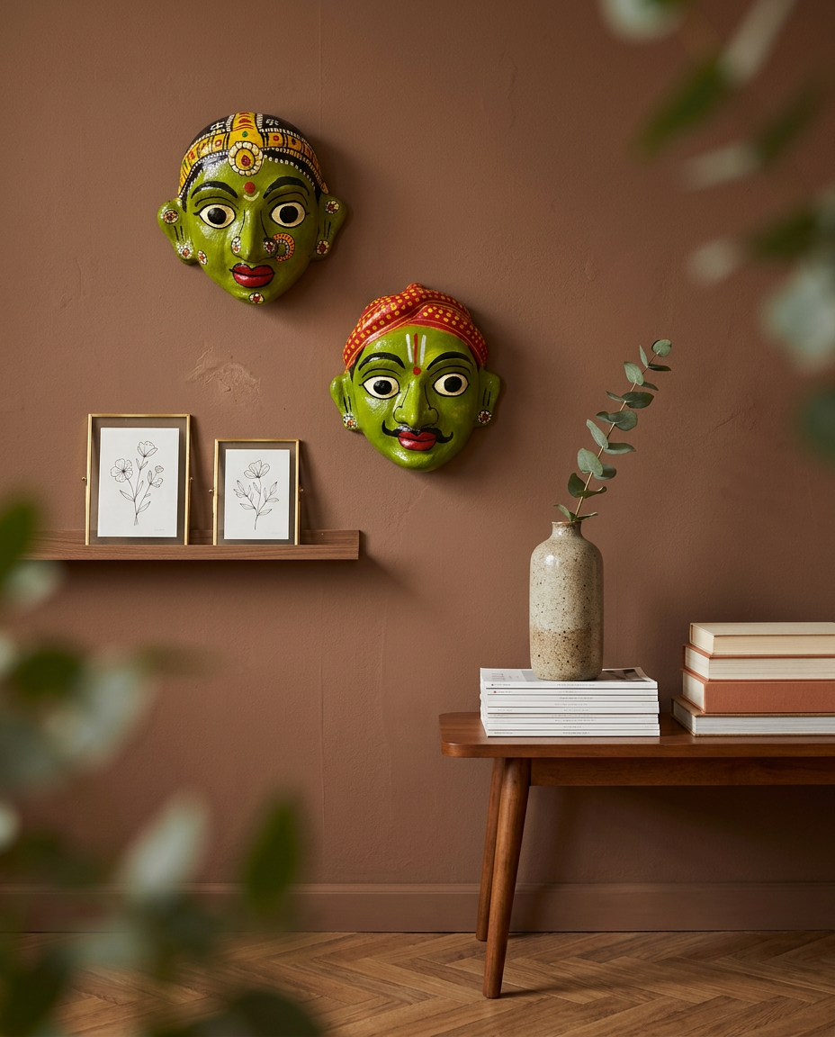 Cheriyal Mukhauta — Green Hand-Painted Wall Bust Pair (Medium)