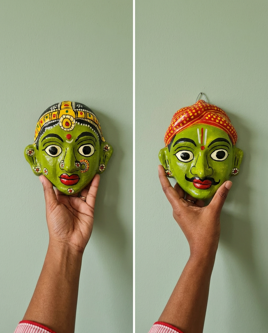 Cheriyal Mukhauta — Green Hand-Painted Wall Bust Pair (Medium)