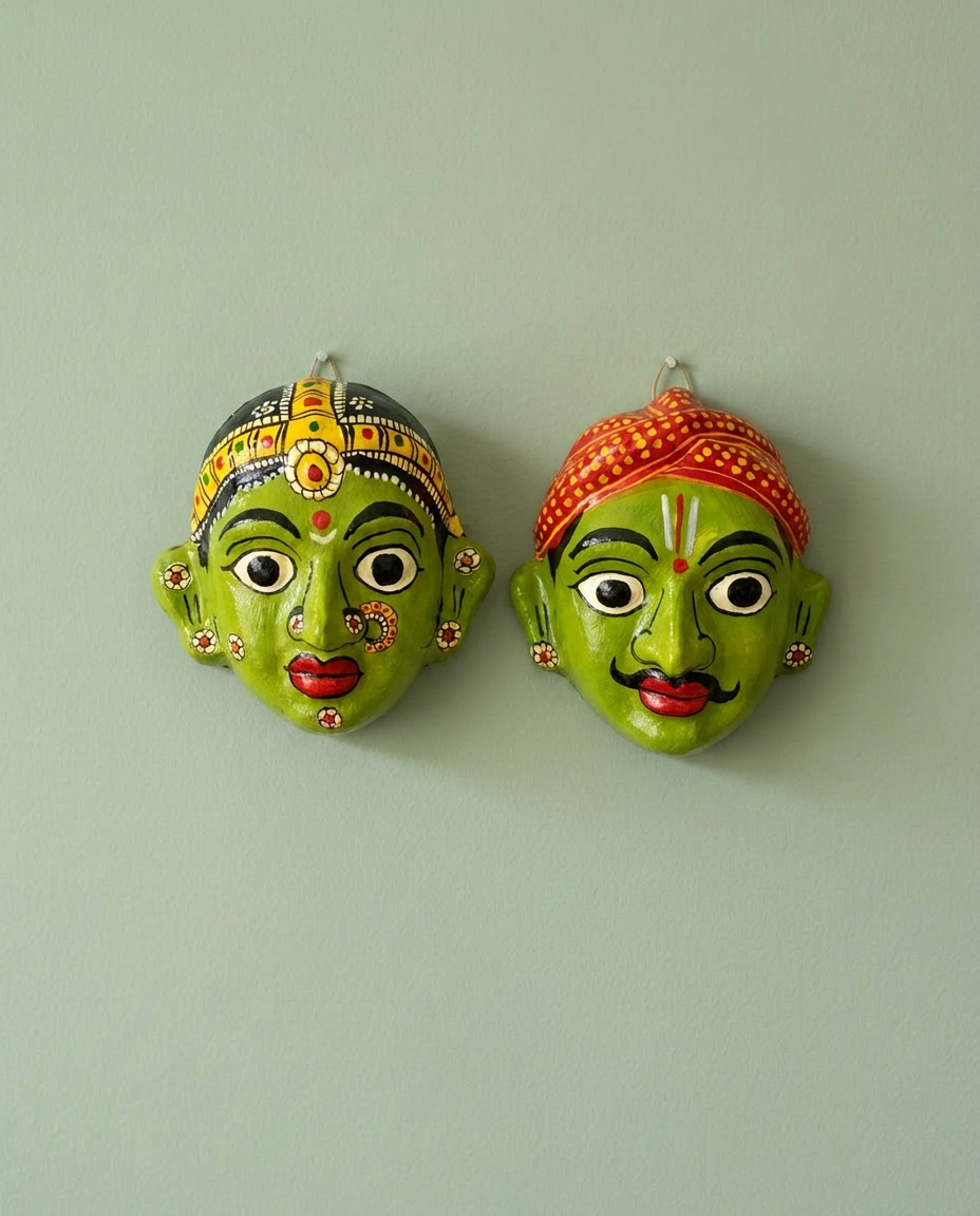 Cheriyal Mukhauta — Green Hand-Painted Wall Bust Pair (Medium)